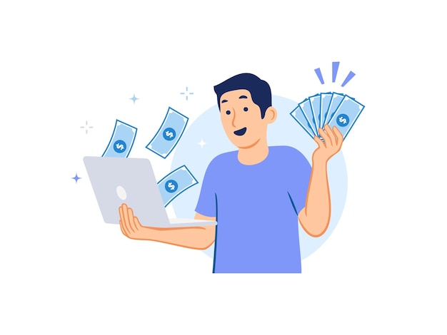 Vector happy excited man holding laptop and money make earn money online on internet