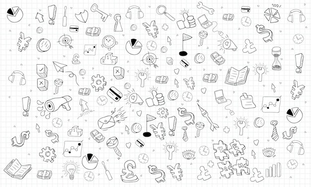 Happy face businessman hello business doodles objects background a concept business success and hero and exercise vector