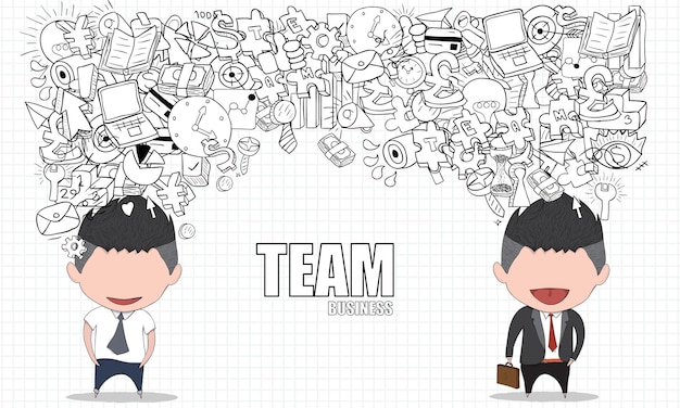 Happy face businessman on team business doodles objects background vector