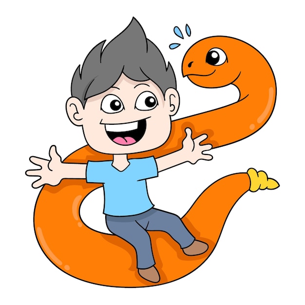 Happy faced kid playing with pet python doodle icon image kawaii