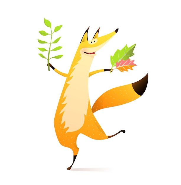 Vector happy fall dancing fox with autumn leaves