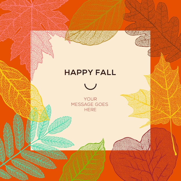 Happy fall template with autumn leaves and simple text vector illustration