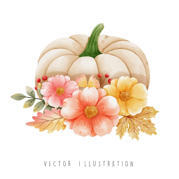 Happy fall with pumpkin and fall leaves and flowers vector illustration