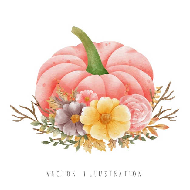 Vector happy fall with pumpkin and fall leaves and flowers vector illustration