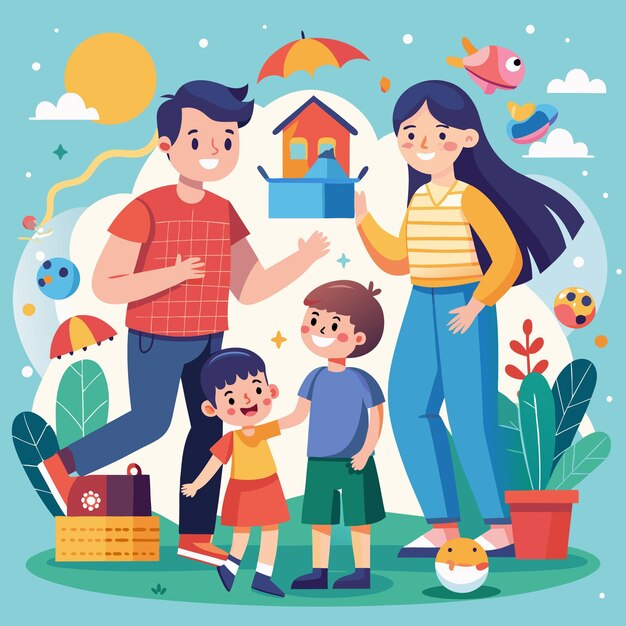 Vector happy family against the backdrop of a pretty house and nature
