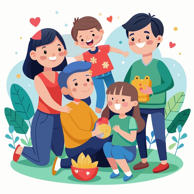 Vector happy family against the backdrop of a pretty house and nature