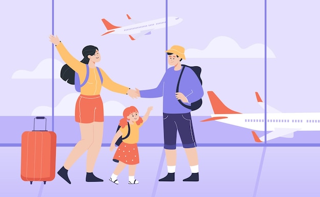 Счастливая семья в аэропорту с плоской векторной иллюстрацией. Азиатская мать, отец и дочь путешествуют на самолете или самолете, ждут рейса в терминале, несут багаж. Поездка, путешествие, транспортная концепция