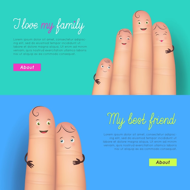 Вектор Счастливый семейный и дружеский набор карточек реалистичные смешные пальцы в объятиях вдохновение для хороших домашних отношений плоская векторная иллюстрация на зеленом и синем фоне