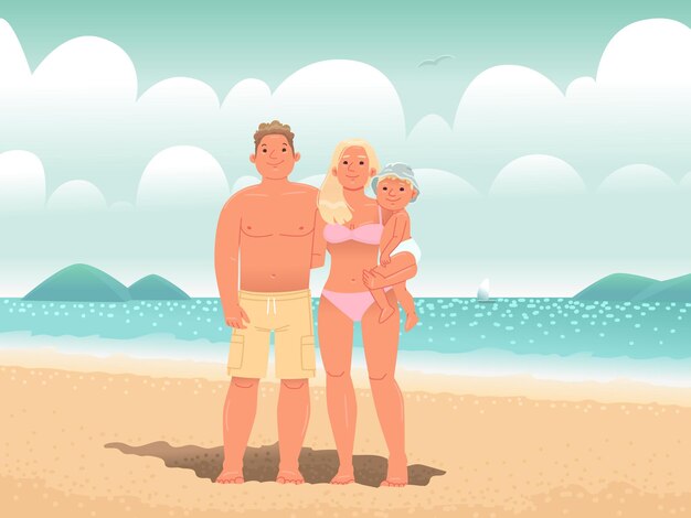 Vector happy family on the beach by the sea dad mom and son are sunbathe and enjoy the summer