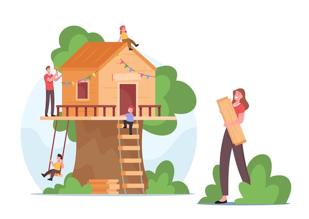 Вектор Счастливая семья, строящая дом на дереве все вместе. мать, отец и веселые дети-персонажи создают деревянный дом на дереве