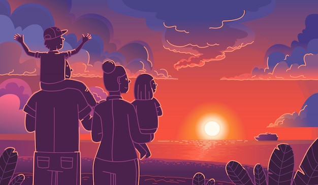 Vettore famiglia felice in riva al mare a guardare il tramonto. concetto di turismo familiare. mamma, papà e bambini si godono l'estate insieme e si rilassano. illustrazione vettoriale in uno stile piatto