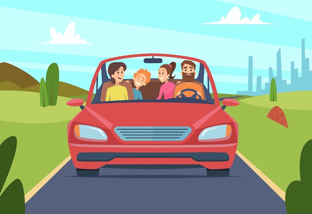 Happy family in car. people father mother kids travellers in automobile vector front view