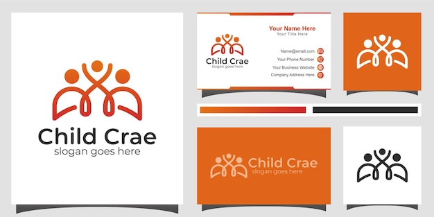 Happy family care logo. happy family relationship with children simple line logo design with business card