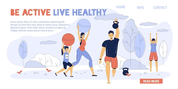 Vector happy family cartoon characters enjoy sport activities at outdoors-dad works out with kettlebell