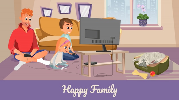 Happy Family Cartoon Man Boy Girl Play Videogame