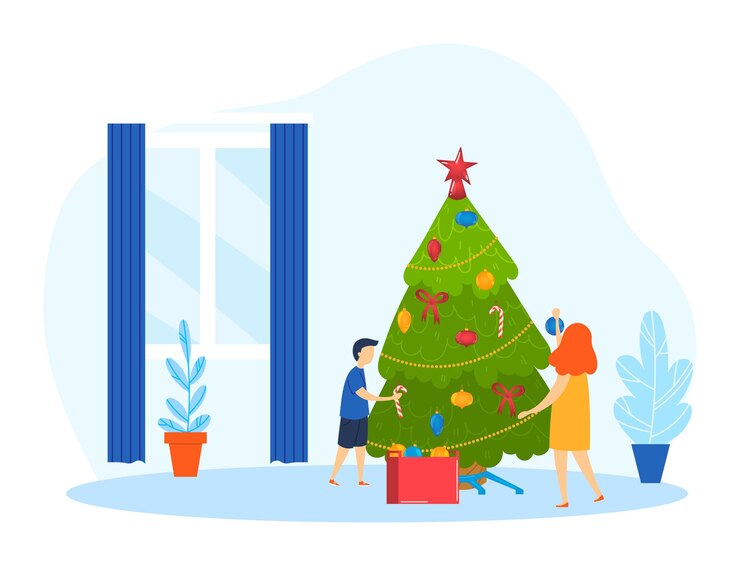 Vector happy family celebrate christmas decorated tree at home happy new year holiday merry christmas