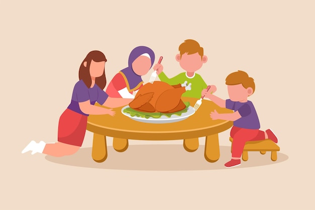 Счастливая семья празднует благодарность с жареной индейкой концепция благодарения цветная плоская графическая векторная иллюстрация изолирована
