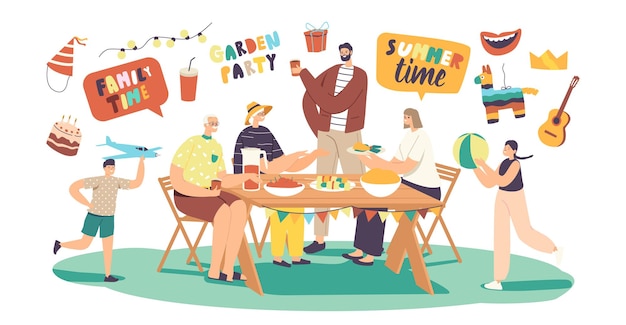 Vector happy family celebrate garden party. male or female characters sitting at table, eating and communicate, joyful children playing at house yard. summer holiday relax. cartoon people vector illustration