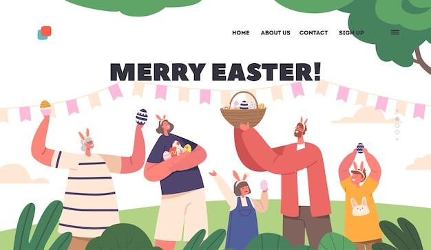 Vector happy family celebrate merry easter landing page template parents granny and children wear rabbit ears holding eggs