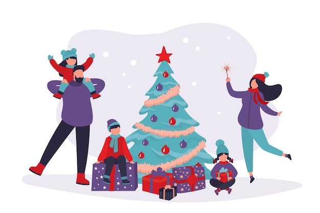 伝統的な木のベクトルイラストの近くでクリスマスや新年を祝う幸せな家族