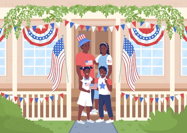 Счастливая семья празднует День независимости плоской цветовой векторной иллюстрацией