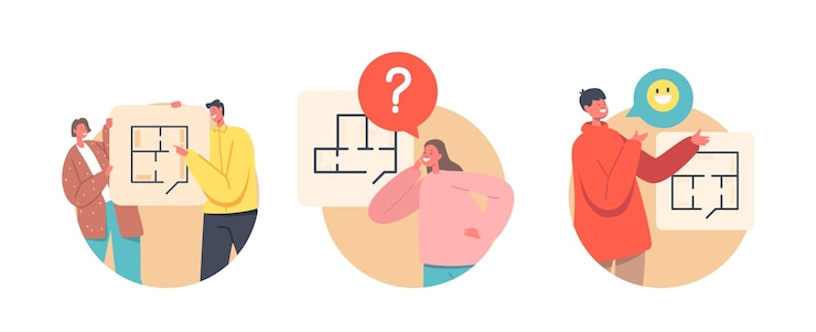 Vector happy family characters choose apartment layout round icons mother father kids discuss new home plan with rooms people buying living property accommodation blueprint cartoon vector illustration