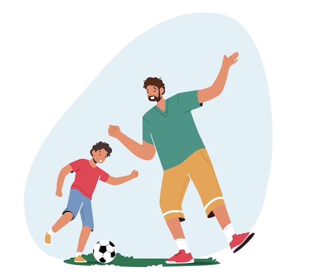 happy family characters father and son playing soccer on field dad with little boy spend time together having fun sports recreation and outdoor activities cartoon people vector illustration