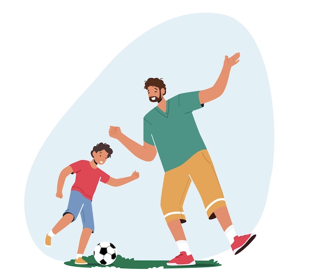 Vector happy family characters father and son playing soccer on field dad with little boy spend time together having fun sports recreation and outdoor activities cartoon people vector illustration