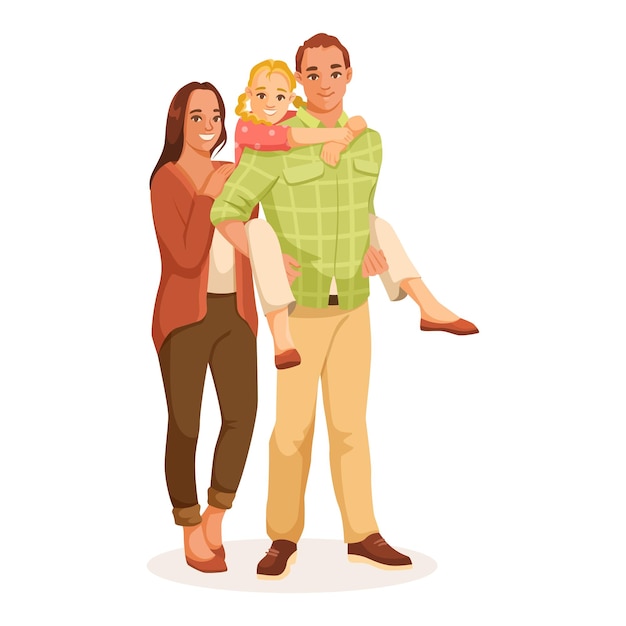 Vector happy family characters isolated on white background parents with child daughter embrace love support father and mother smiling couple husband and wife relationship concept vector illustration