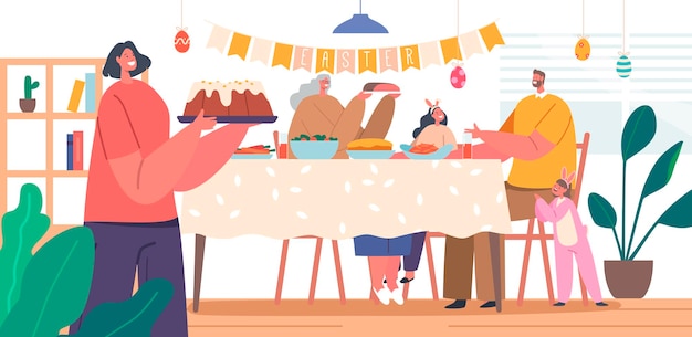 Vector happy family characters mother father granny and kids having easter dinner around table people eating meals and talk