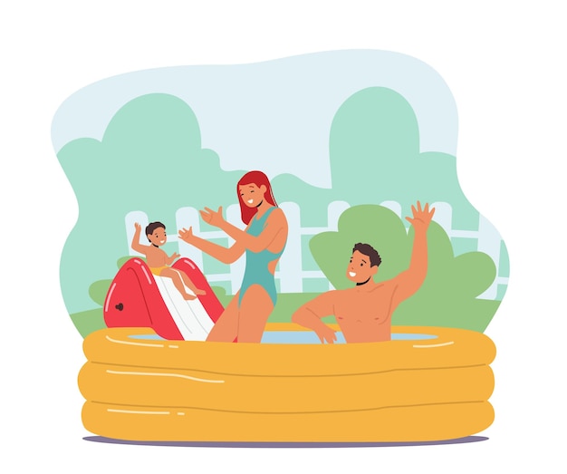 Happy Family Characters Mother Father and Son Playing in Outdoor Swimming Pool Baby Sliding Summertime Water Games