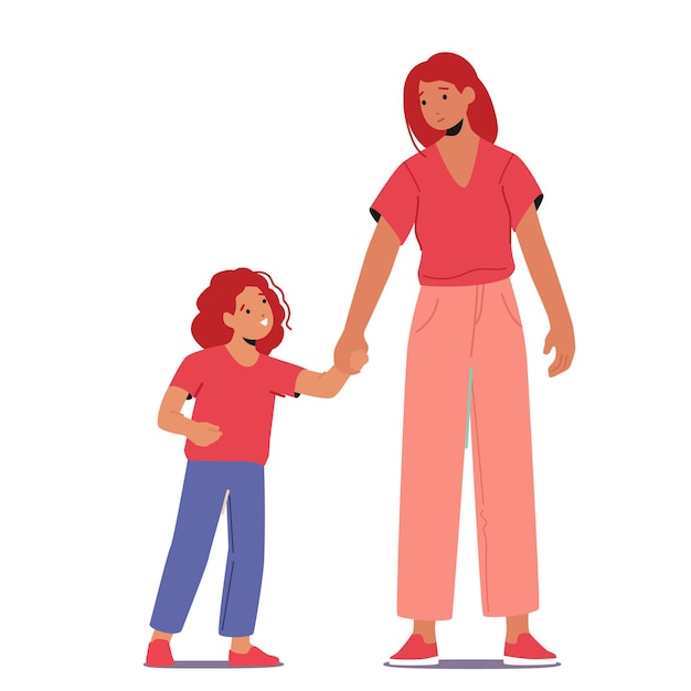 Happy Family Characters Ouderwetse jonge moeder met schoolmeisje geïsoleerd op witte achtergrond Moeder en dochter samen