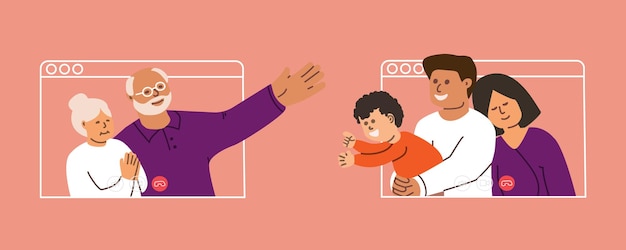 Happy family chatting by video call The son calls his elderly parents by videoconference Communication at a distance security in quarantine Vector illustration in a flat style