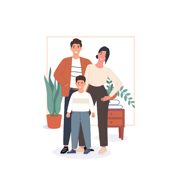 Vector happy family concept. father, mother, son stay home and spend time together