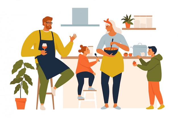 Happy family cooking. Mother and father with kids cook dishes in kitchen cartoon  illustration. Family cooking mother, son, daughter and father on kitchen.