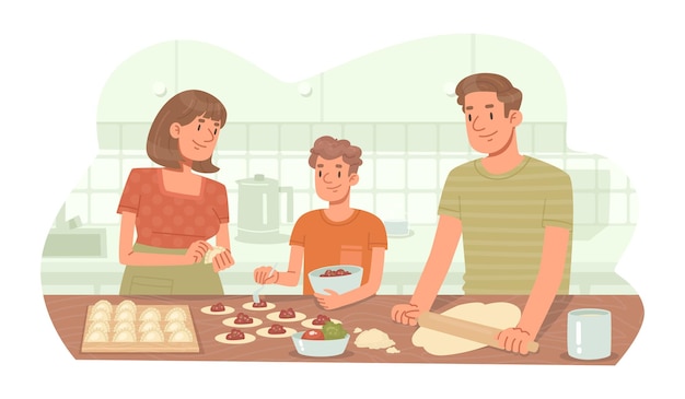 Vettore la famiglia felice cucina insieme il cibo papà, mamma e figlio stanno cucinando gnocchi _ai_generated