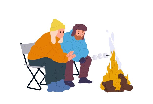 Happy family couple cartoon characters frying marshmallow on camp fire enjoying winter picnic