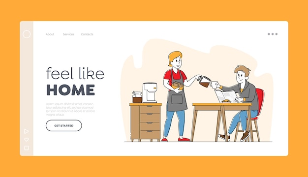 Happy Family Couple Characters Breakfast, Landing Page Template.