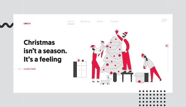 Happy Family Decorate Christmas Tree at Home Website Landing Page