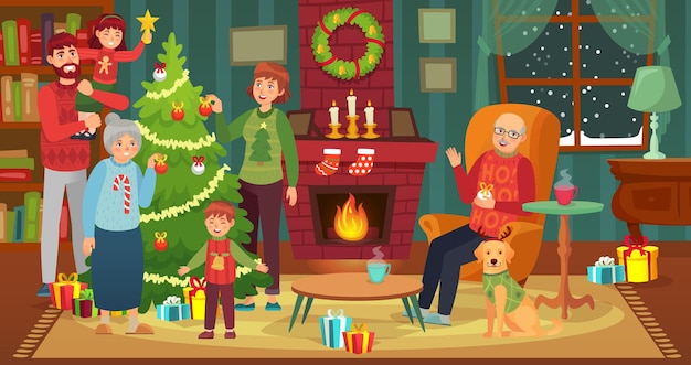 Famiglia felice che decora l'albero di natale. vector buon natale con il camino della casa, decorazione per l'illustrazione delle vacanze di celebrazione