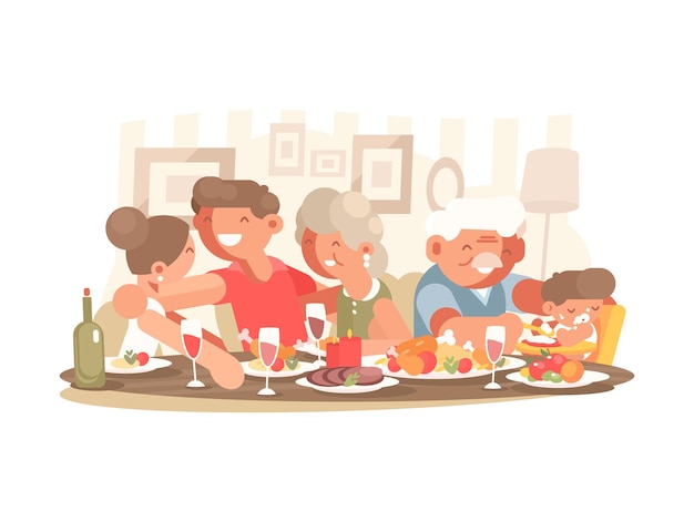 Vector happy family at dinner table