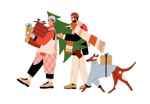 Happy family and dog during winter holiday shopping. Man and woman couple carrying Christmas purchases, Xmas gifts, boxes, fir tree. Flat graphic vector illustration isolated on white background