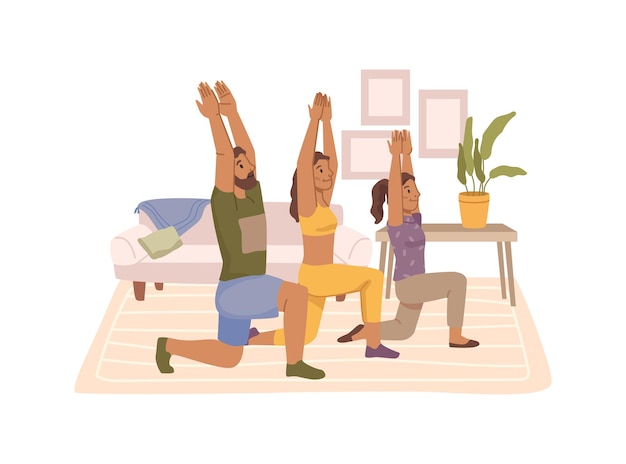 Vector happy family doing lunges at home together