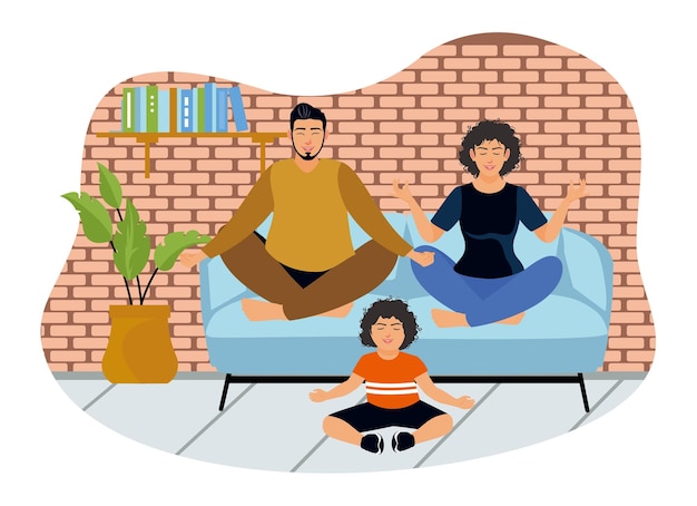 happy family doing morning yoga practice while meditating on the sofa at home