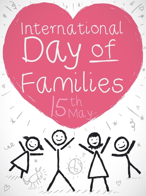 Happy family drawing holding a painted pink heart for International Day of Families on May 15