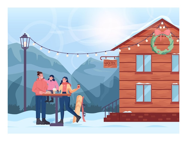 Vector happy family drinking a coffee. characters taking a break from ski snowboard