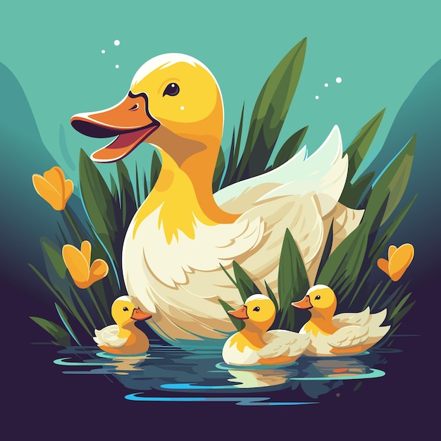 Happy family Duck kids with mother Reeds in pond Ducklings group Vector tidy illustration