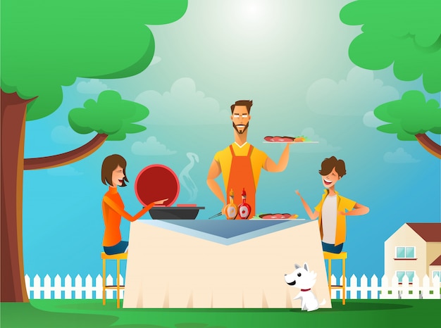 Happy family eating barbecue outdoor