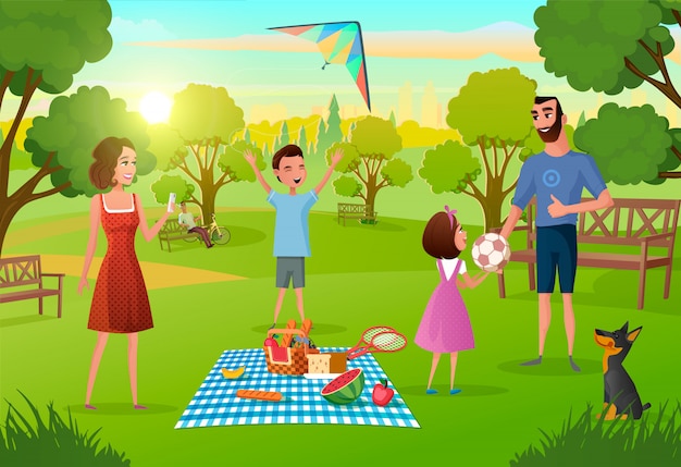 Vector happy family enjoying picnic