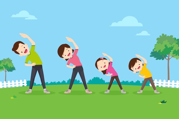 좋은 건강 건강한 활동 신체 건강을 위해 공원에서 함께 운동하는 행복한 가족